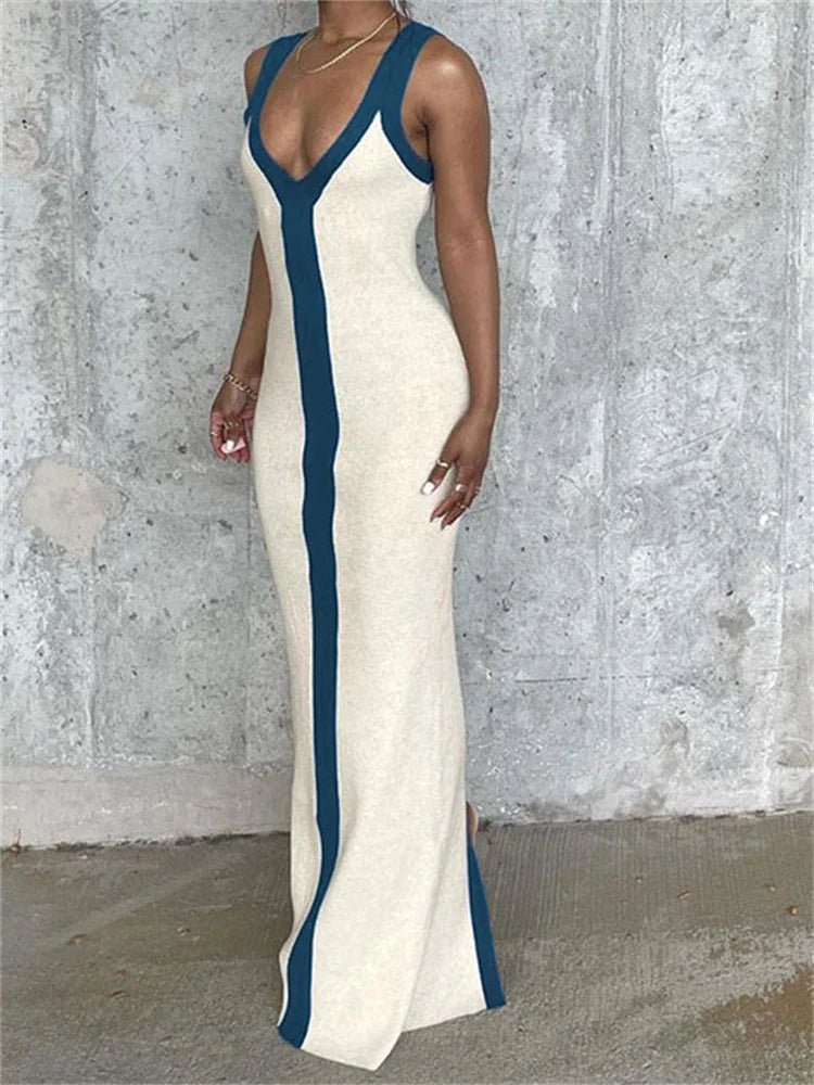 Patchwork Contrast Slim Maxi Dress Female Off-shoulder V-neck Party Dress High Waist Beach Holiday Outfits Long Dress