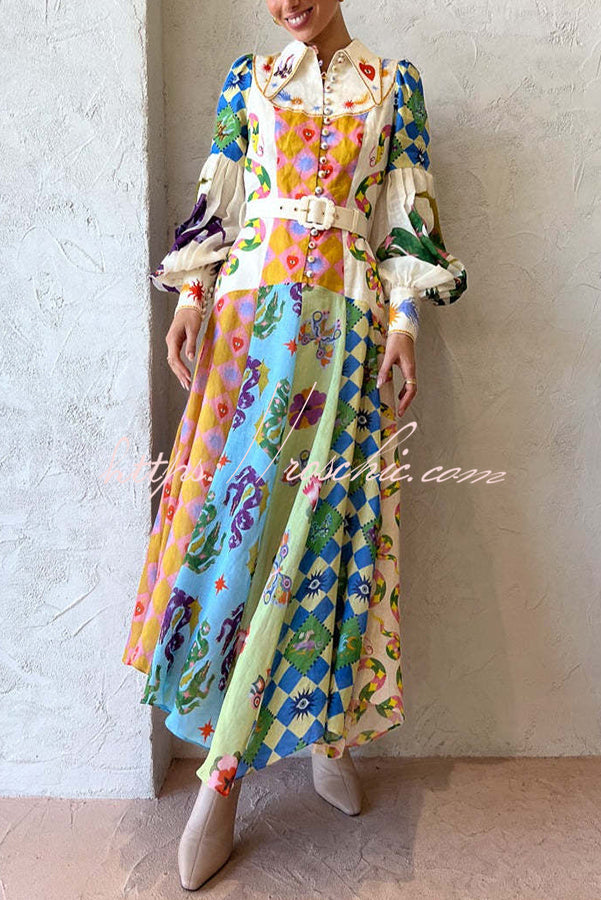 Bold and Irregular Unique Print Balloon Sleeve Belt Shirt Midi Dress