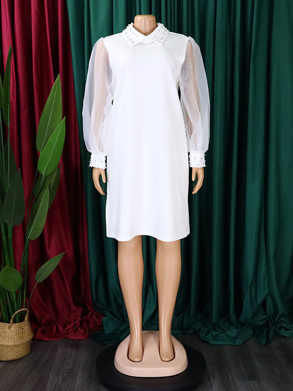 Puff Sleeves Beads Mesh Color Split-joint Round-neck Midi Dresses