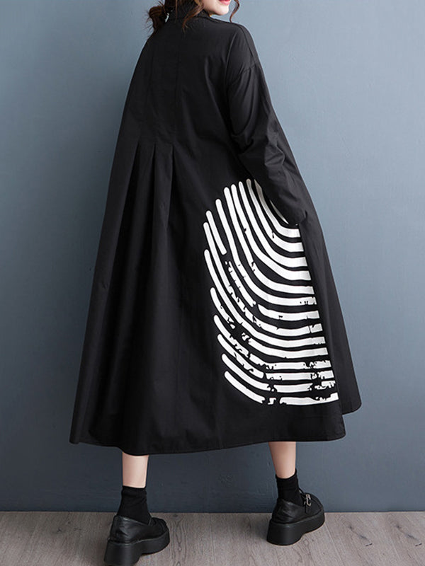 A-line Long Sleeves Asymmetric Buttoned Pleated Printed Split-joint Lapel Midi Dresses Shirt Dress
