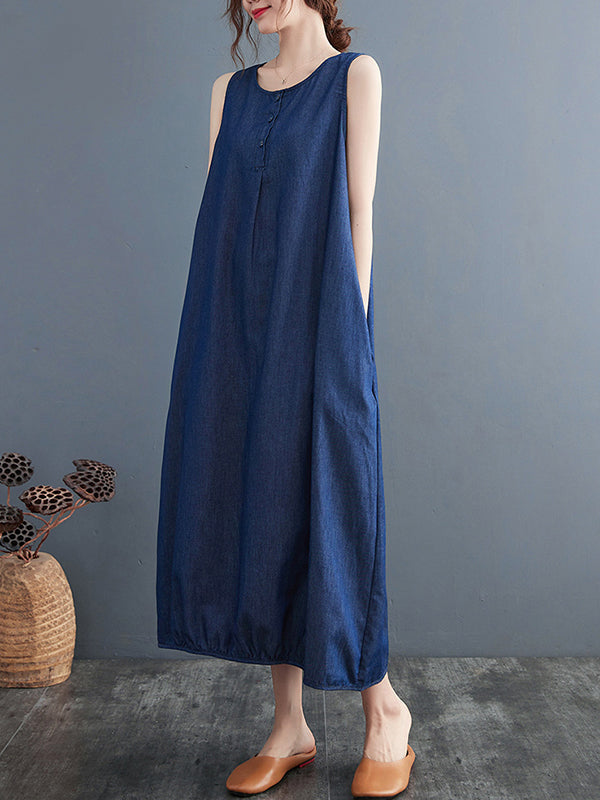 A-line Loose Buttoned Pleated Color Round-neck Midi Dresses