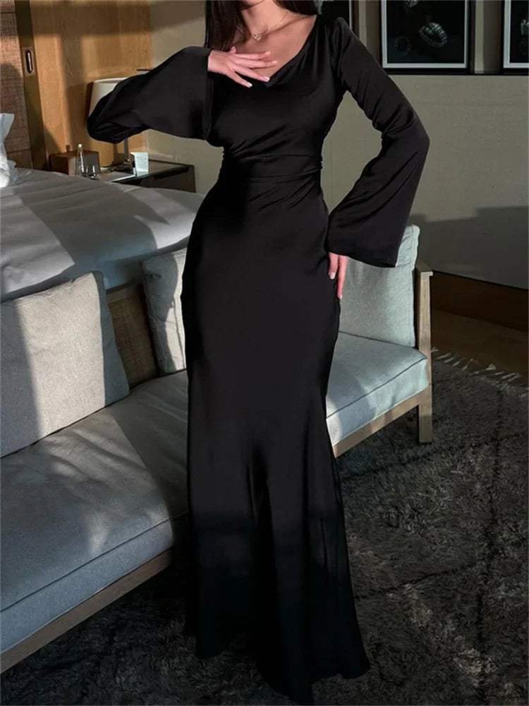 Black Satin Bandage Maxi Dress Slin High Waist Patchwork Long Sleeve Dress Gown Long Dress