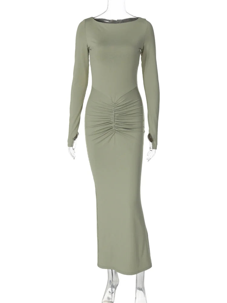 Pleated Slim Long Dress for High Waist Patchwork Long Sleeve Bodycon Dress Female Party Dress New