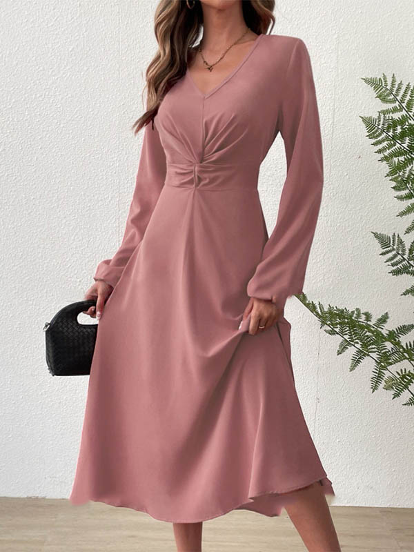 A-line High Waisted Pleated Color Zipper V-neck Midi Dresses