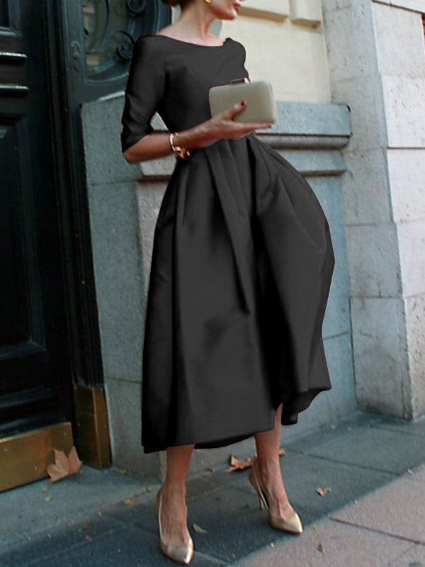 A-line Loose Pleated Pockets Color Split-joint Round-neck Midi Dresses