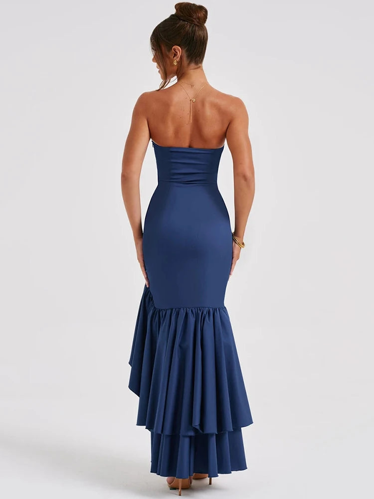 Strapless High Split Ruffle Long Dress for Off-shoulder Backless Sleeveless Bodycon Club Party Dress