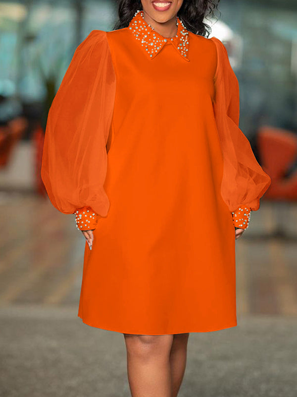 Puff Sleeves Beads Mesh Color Split-joint Round-neck Midi Dresses