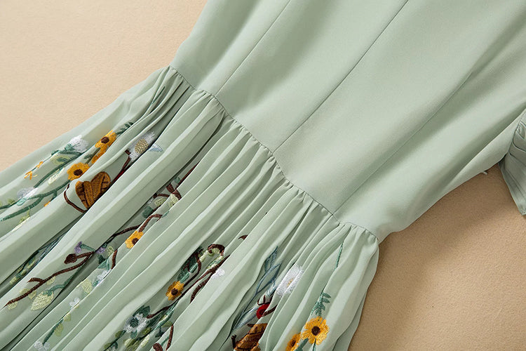 Palm Flying Ruffled Sleeve Pleated Hem Midi Dress