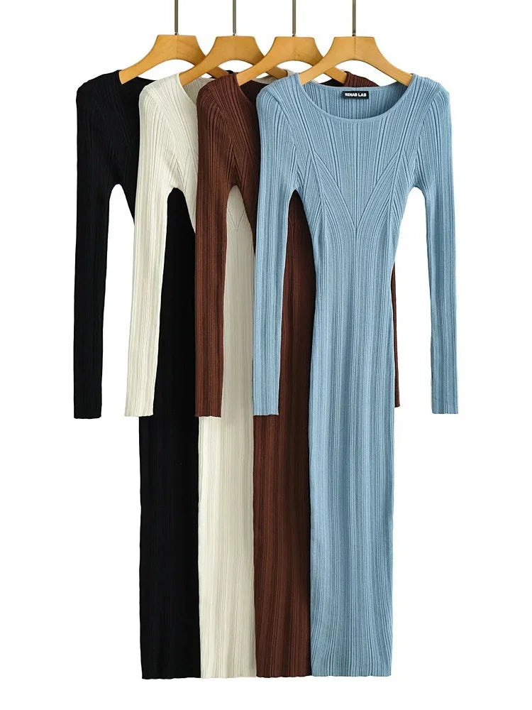 Autumn Slim Long Dress Female Knitwear Slim High Waist Patchwork Long Sleeve Party Dress Knit Dress