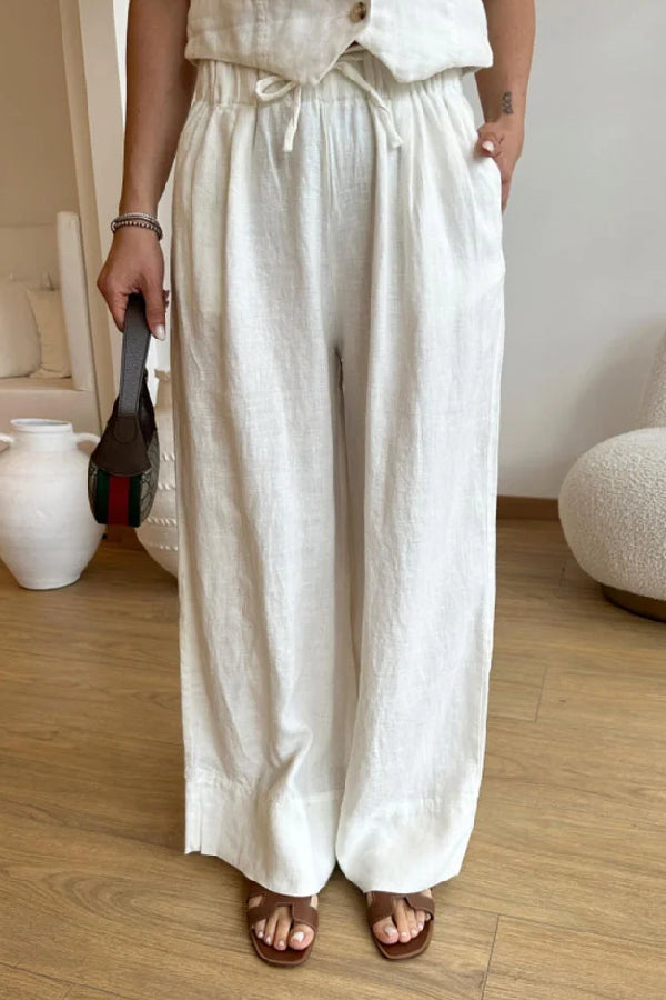 Color Cotton Linen Vest & Lace-up Pants Two-piece Set