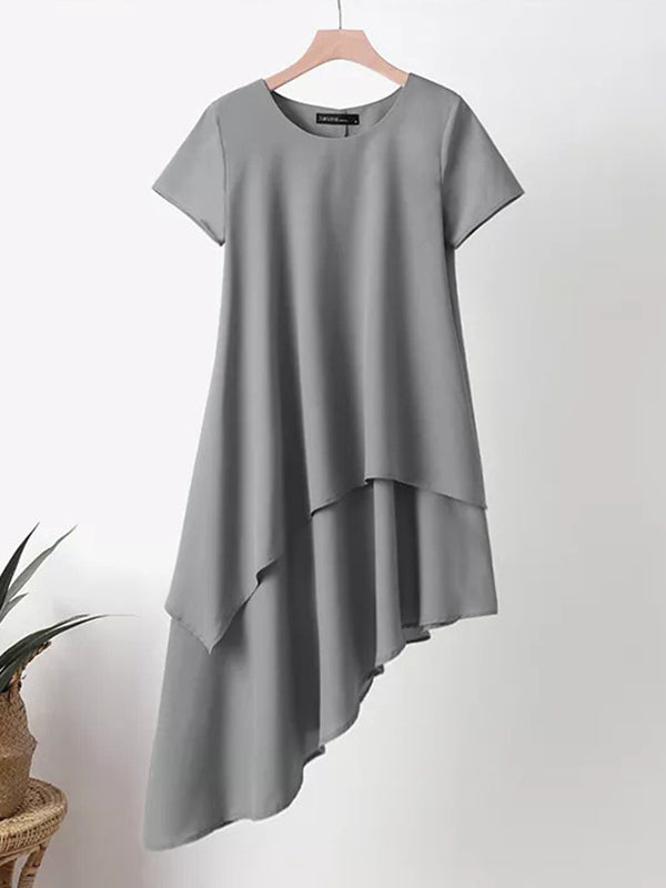 Short Sleeves Asymmetric Color Split-joint Round-neck Midi Dresses