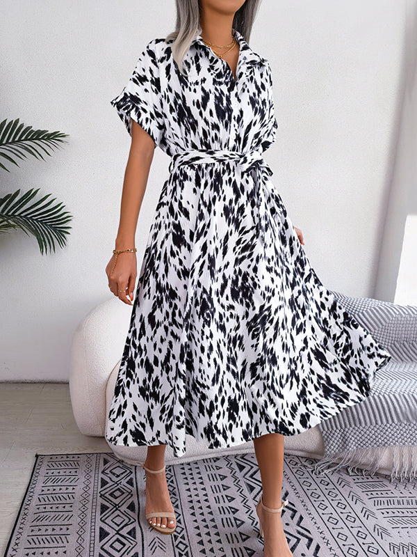 Loose Short Sleeves Leopard Ribbed Lapel Midi Dresses