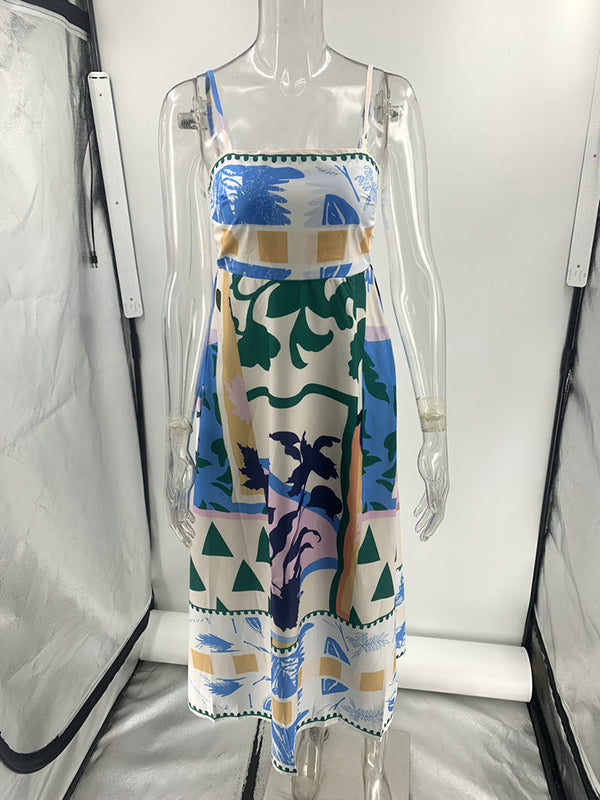 High Waisted Sleeveless Pleated Printed Split-joint Collarless Midi Dresses Slip Dress