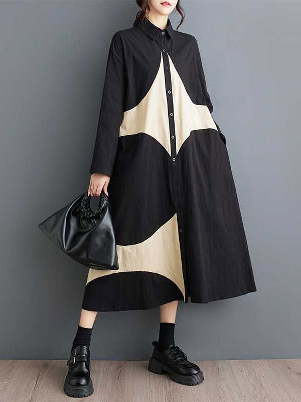 A-line Long Sleeves Buttoned Pockets Printed Lapel Midi Dresses Shirt Dress