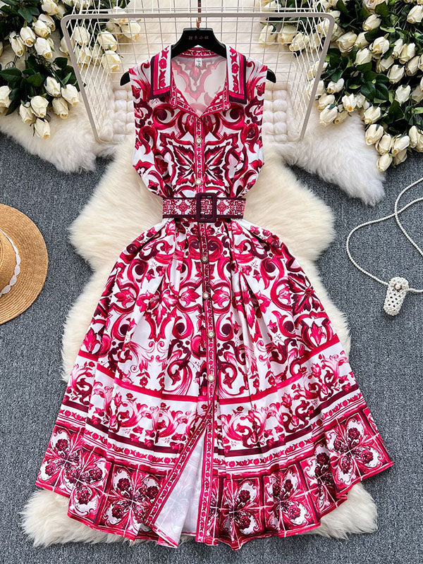 Sleeveless Belt Buckle Buttoned Contrast Color Printed Midi Dresses