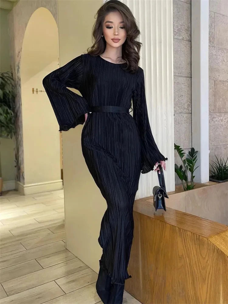 Ruffled Lace-up Ribbed Maxi Dress for Long Sleeve High Waist Party Dress Autumn Bandage Dress