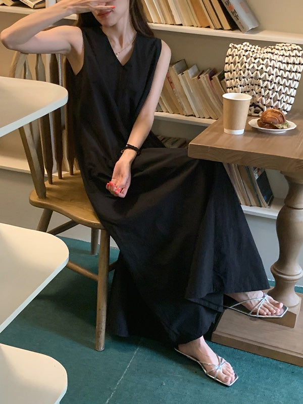 Loose Sleeveless Color V-neck Midi Dresses