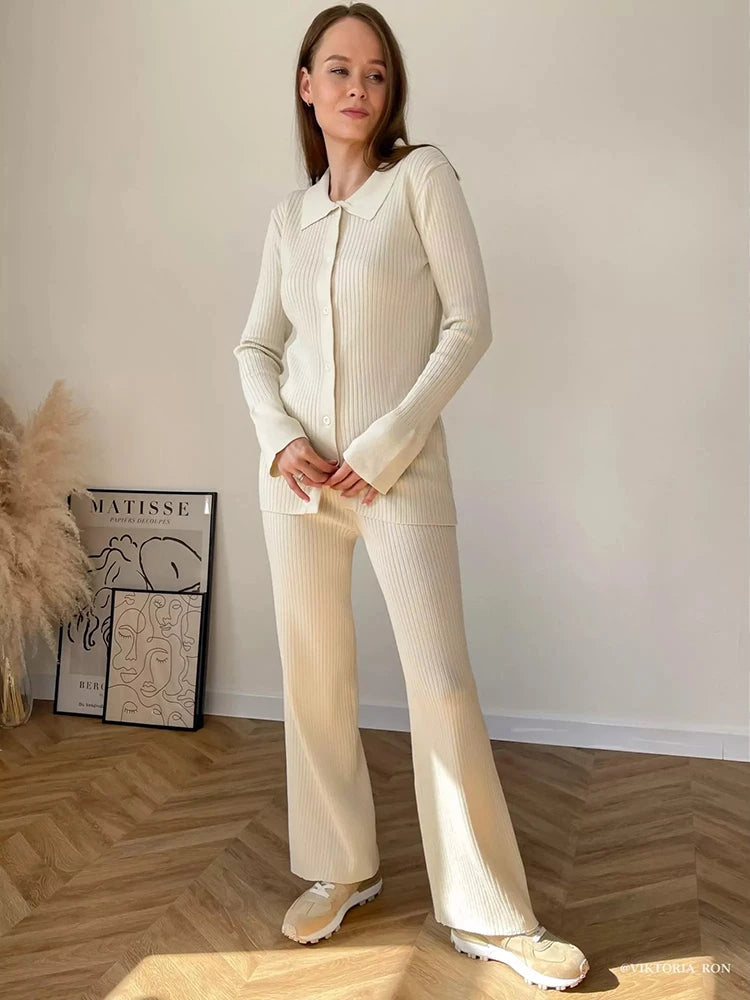 Ol Homewear Leisure Knitted Suit Autumn Long Sleeve Shirts and Wide Legs Pants Suit Two Piece Sets Outfits