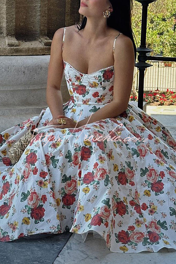 Fairy Tale Italian Rose Print Tulle Pocketed Slip Midi Dress