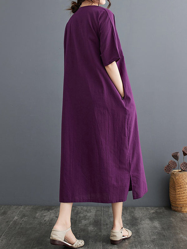 A-line Loose Chinese Frog Buttons Pockets Color Split-side V-neck Midi Dresses