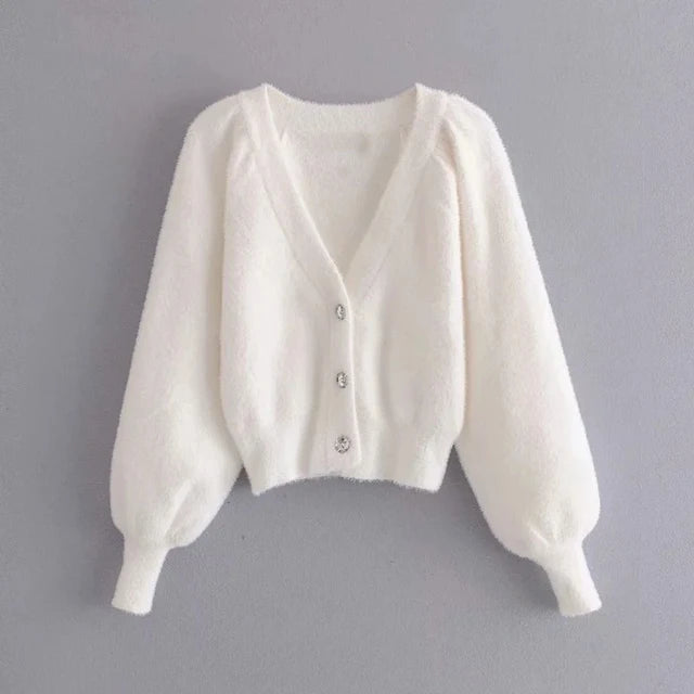 Two Piece Sets Outfits White Plush Mohair Drill Button Cardigan Coats With Bra Tops and Mini Shorts Matching Sets