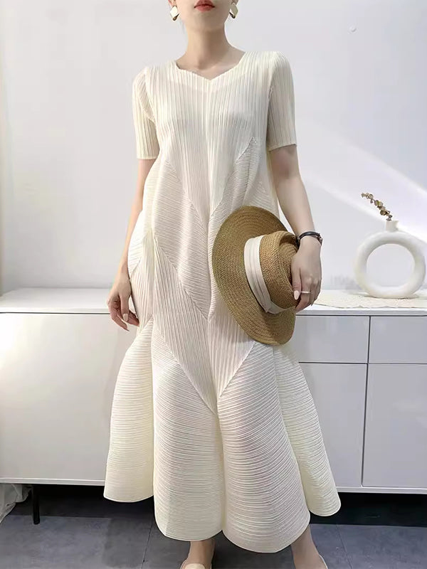 Loose Short Sleeves Pleated Color Split-joint V-neck Midi Dresses