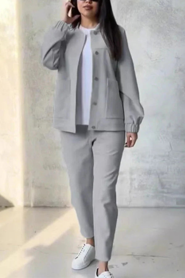 Color Loose Fit Long Sleeve Button Pocket Top and Pants Set