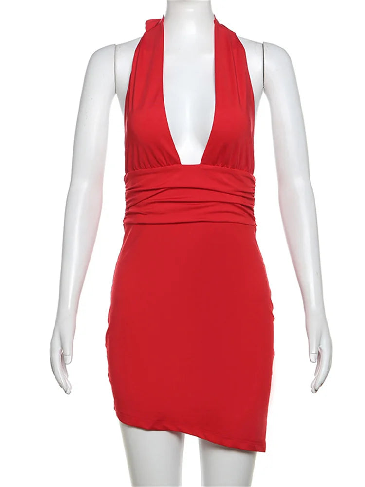 V-neck Slim Hot Backless Mini Dress Female Bandage Summer Halter Patchwork Party Dress Clothes Dress