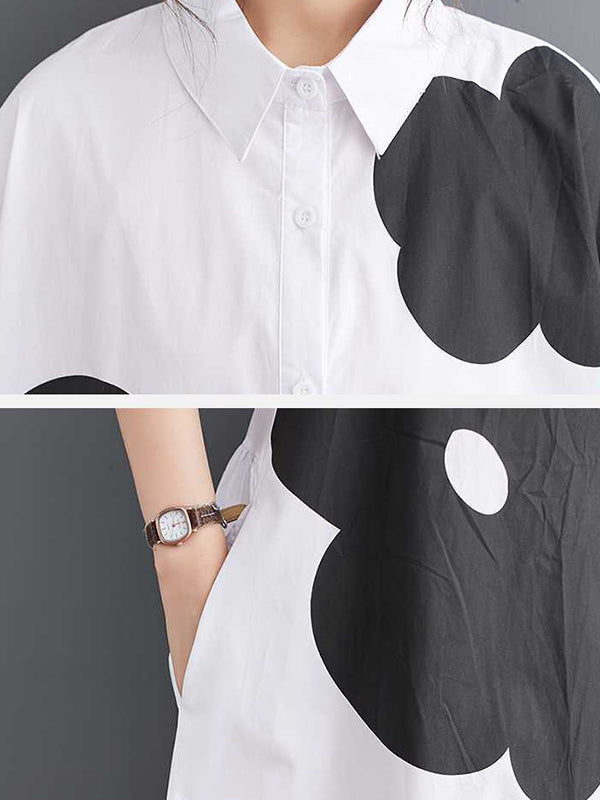 Loose Short Sleeves Buttoned Printed Lapel Collar Midi Dresses