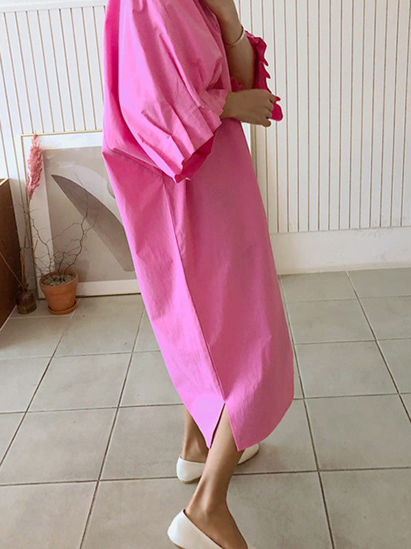 Causal Pleated Raglan Sleeve V-neck Midi Dress