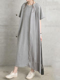 Loose Short Sleeves Pleated Color Split-joint Round-neck Midi Dresses