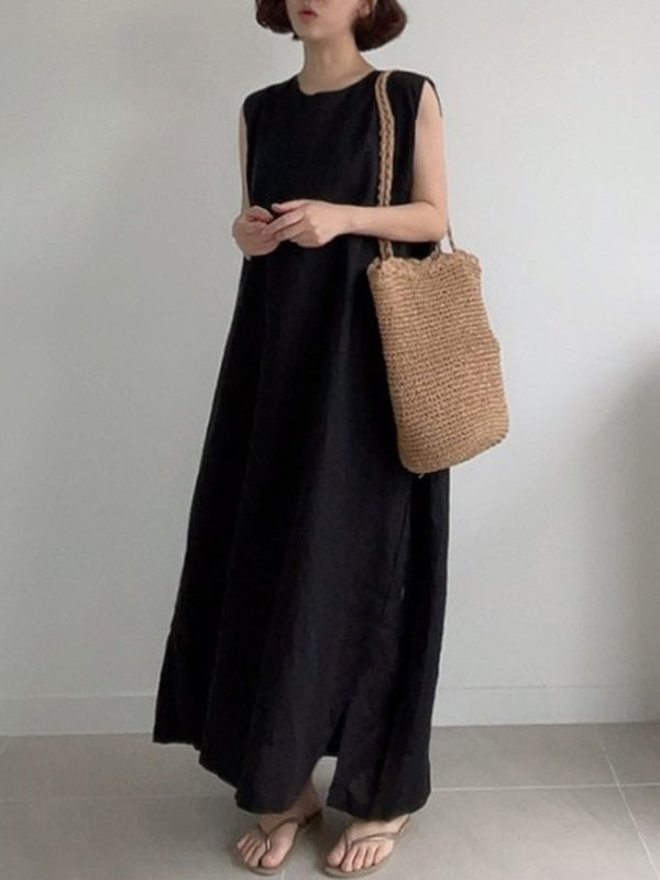Simple Color Split-side Round-neck Sleeveless Midi Dress