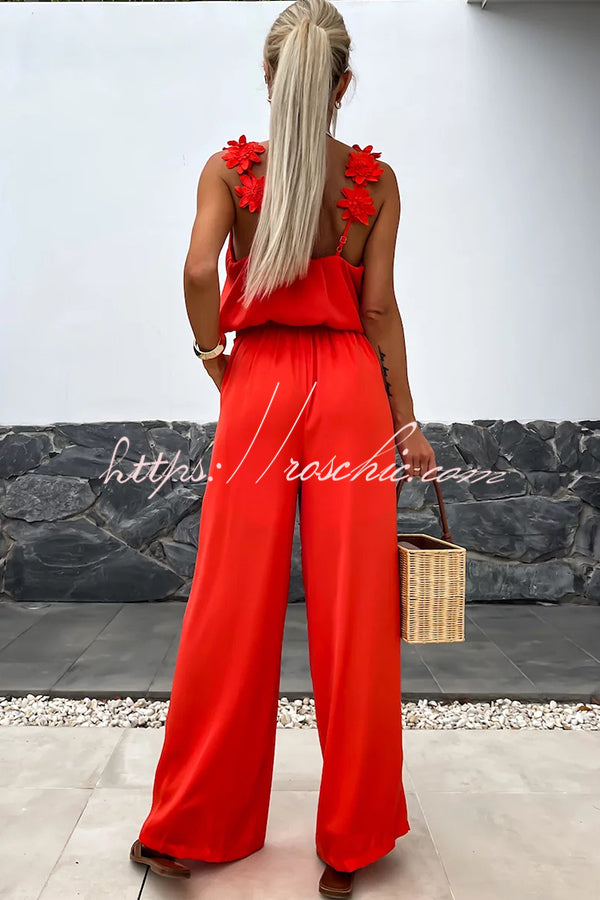 Color Embroidered Flower Suspenders Loose Jumpsuit