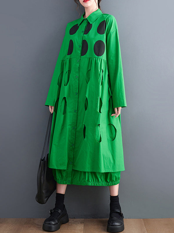 Stylish Long Sleeves A-line Polka Dot Polo Shirt Midi Dresses