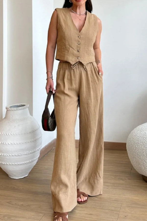 Color Cotton Linen Vest & Lace-up Pants Two-piece Set