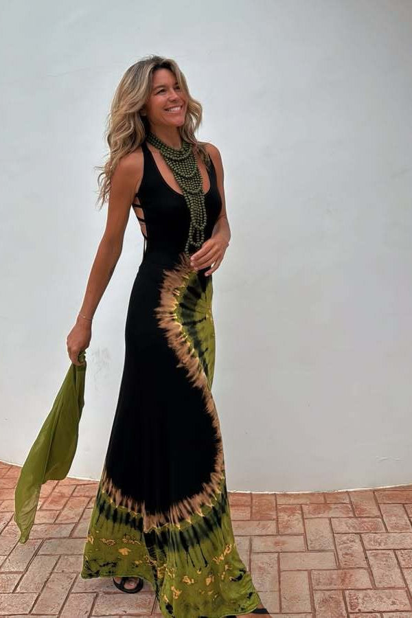 Print Backless Tie Slim Fit Maxi Dress