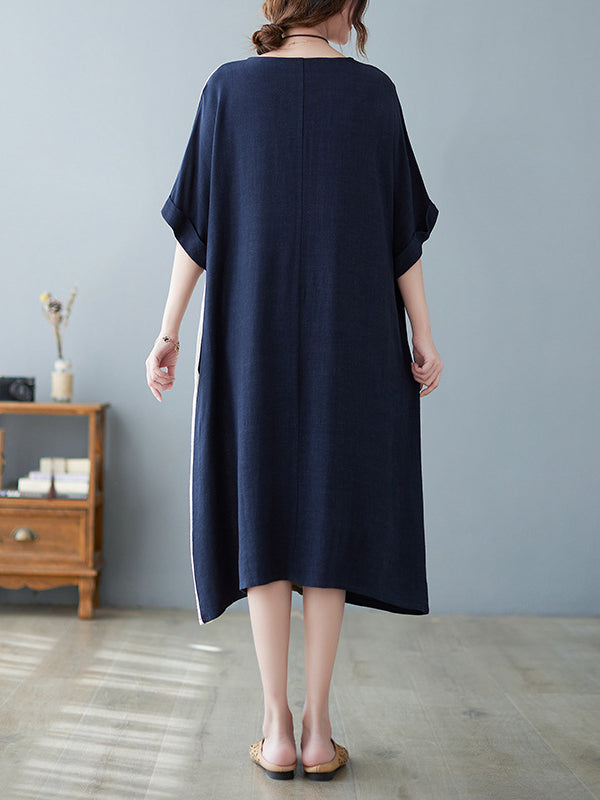 Half Sleeves Loose Contrast Color Round-neck Midi Dresses