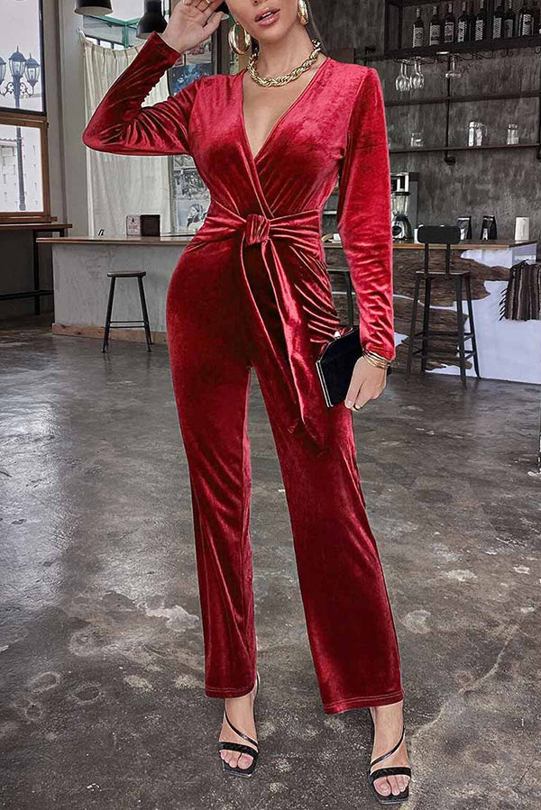Color Velvet Deep V Belt Slim Jumpsuit
