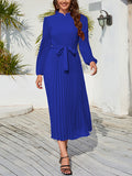 Bishop Sleeve High Waisted Hollow Pleated Color Tied Waist Mock Neck Midi Dresses