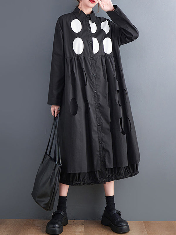 Stylish Long Sleeves A-line Polka Dot Polo Shirt Midi Dresses