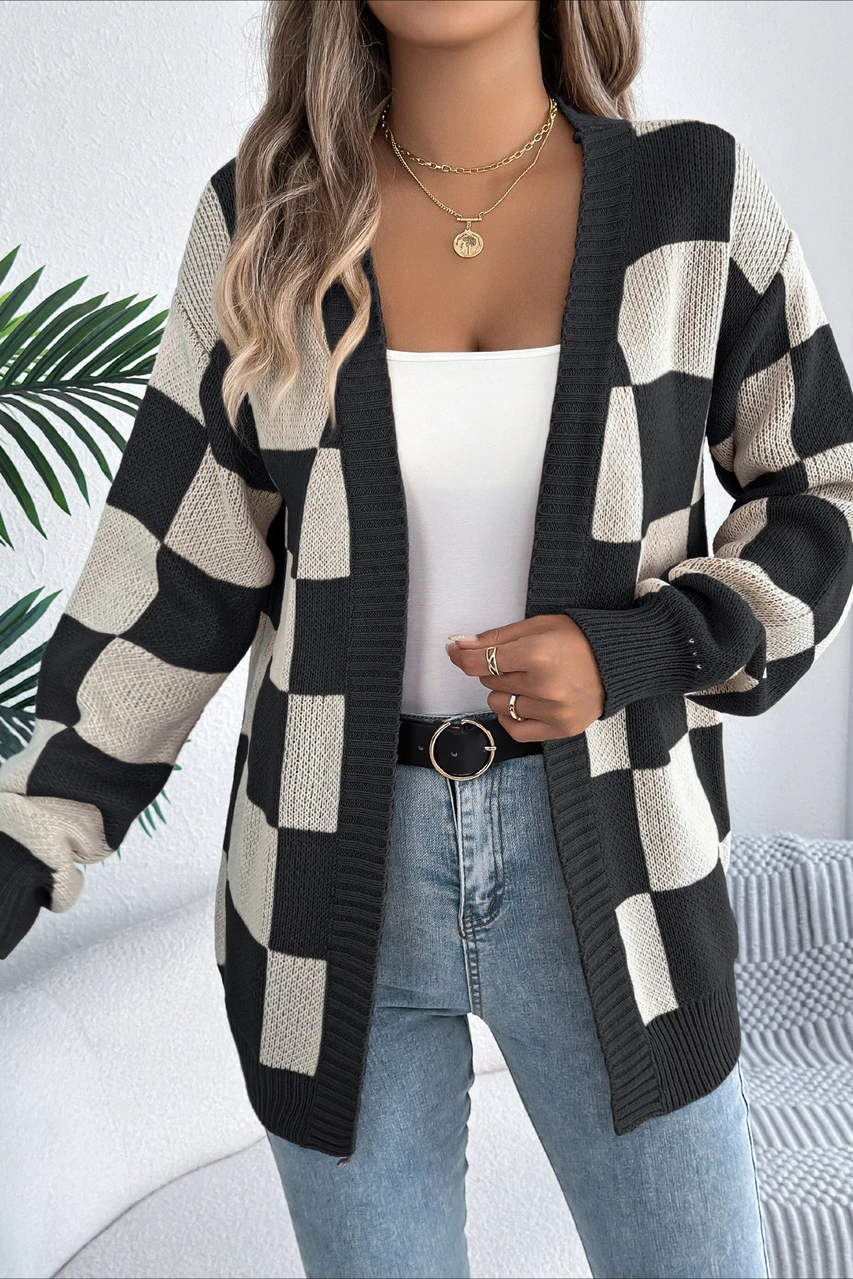 Plaid Knit Loose Cardigan