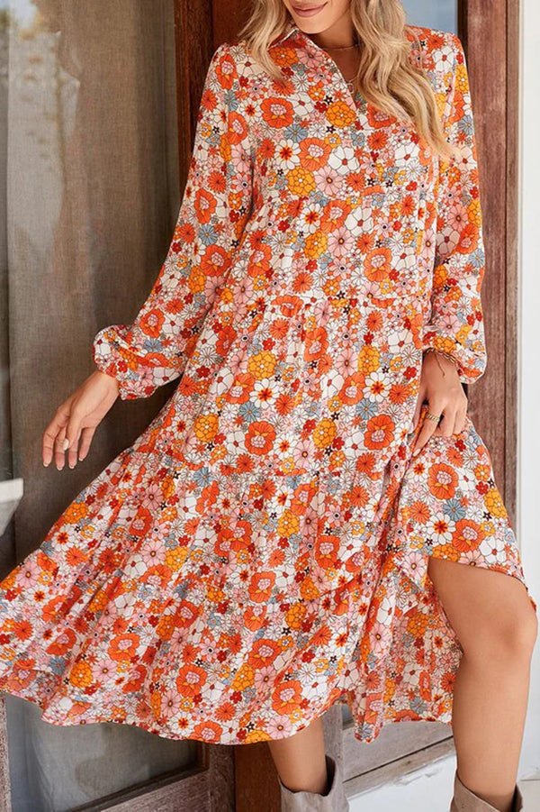 Print Loose Long Sleeve Midi Dress