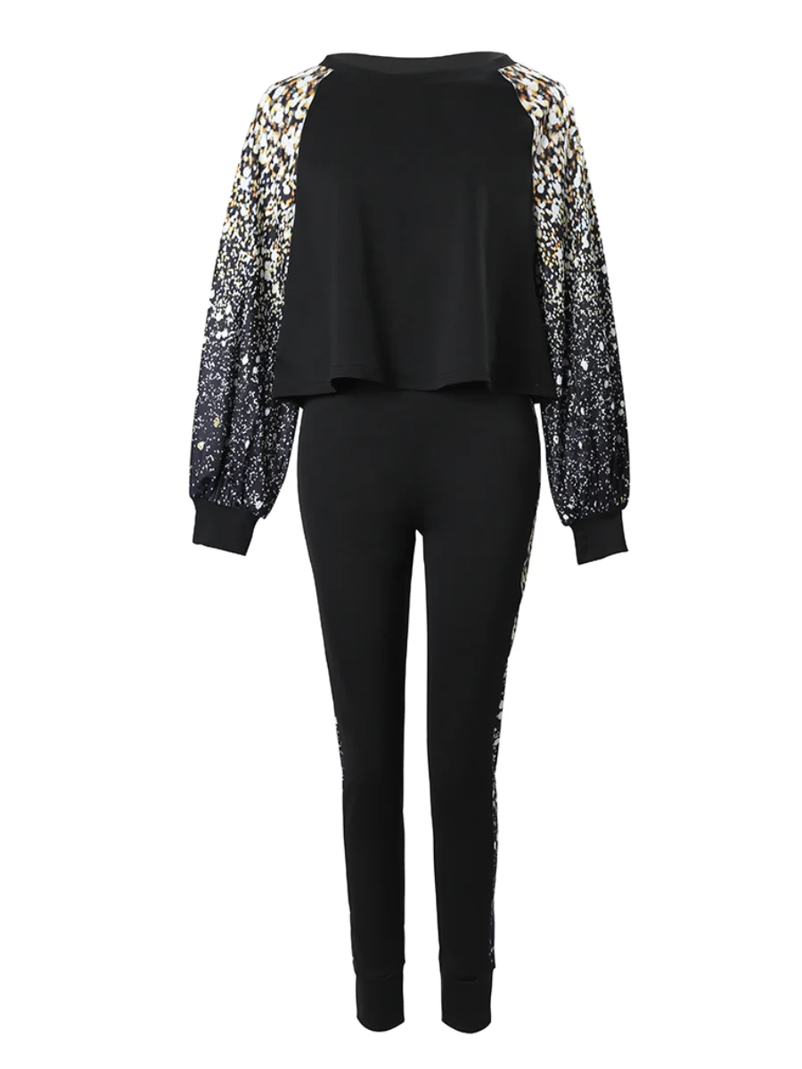 Lantern Sleeve Gradient Print Skinny Pants Set Autumn Winter High Elasticity 2pc Tracksuits Outfits