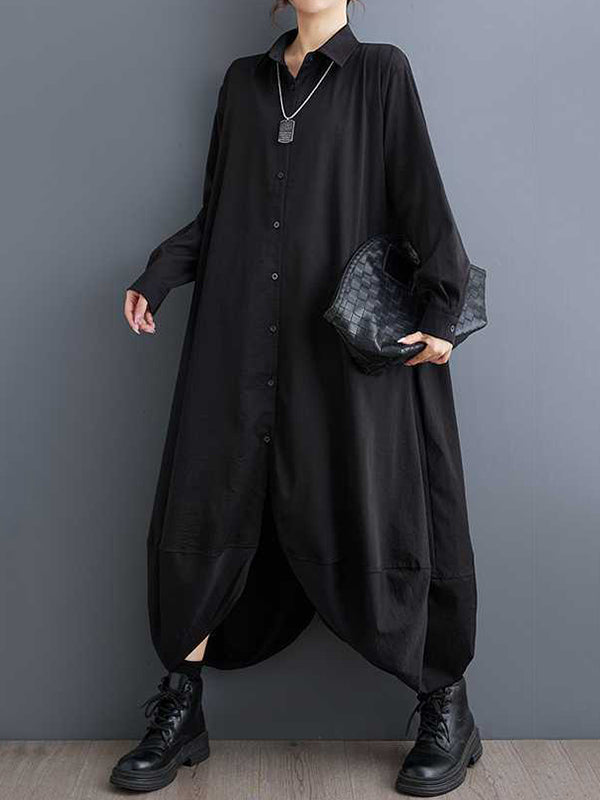 A-line Long Sleeves Buttoned Pockets Color Split-joint Lapel Midi Dresses Shirt Dress
