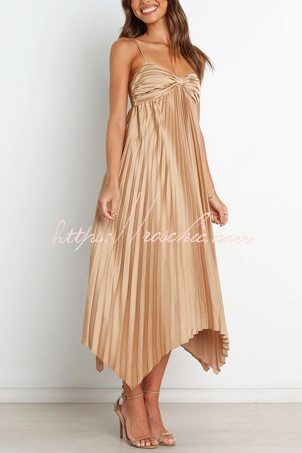 Color Suspender Pleated Irregular Midi Dress