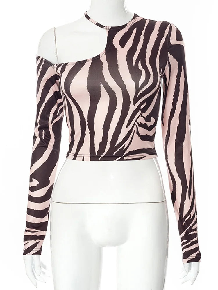 ’s T-shirt Long Sleeve Strapless Irregular Zebra Print Top Spring New Product Short Top Y2k Tees Newgirls