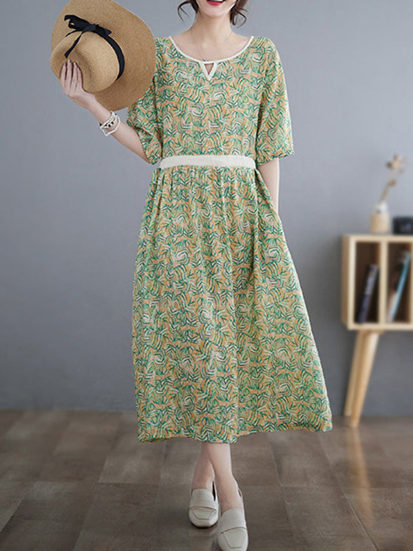 Loose Short Sleeves Hollow Pleated Printed Split-joint Round-neck Midi Dresses