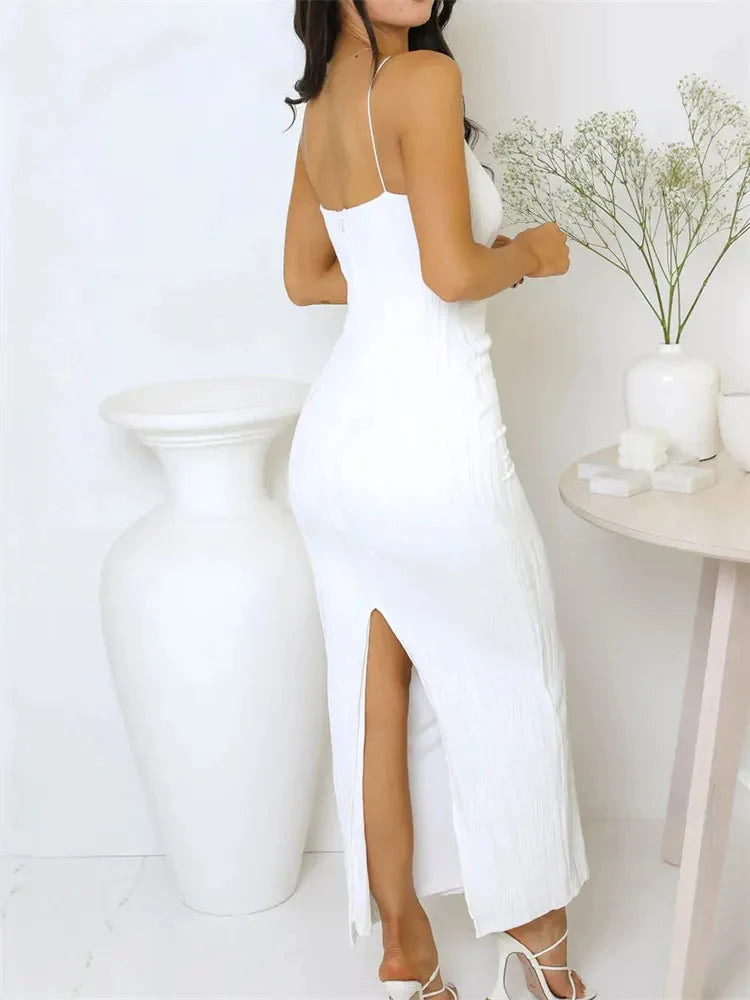 Long Dress Ruched Sleeveless Slim Summer Party Back Split Dress Clubwear Female Vestido Outfits