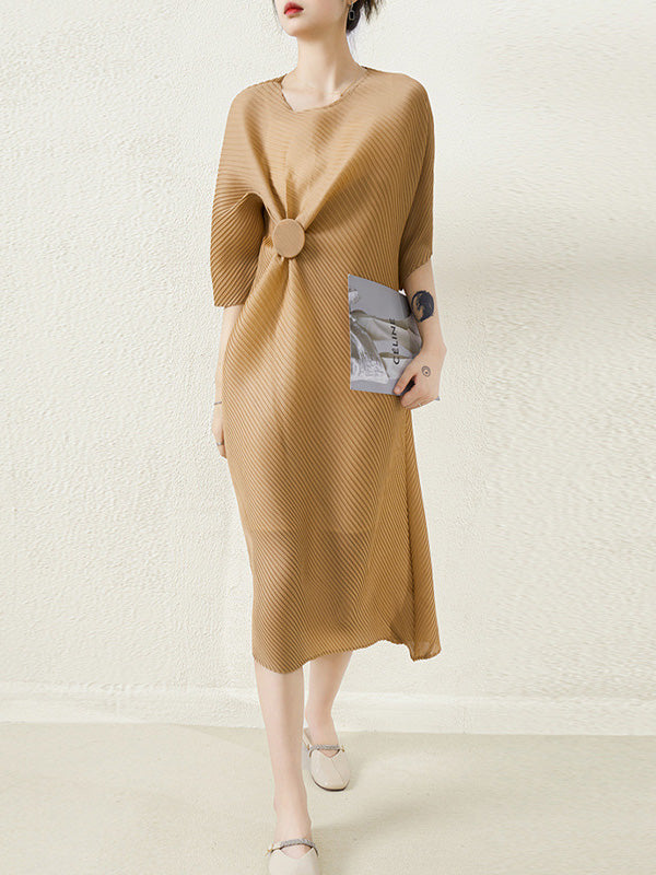 Stylish Irregularity Loose Pleated Color Round-neck Midi Dresses