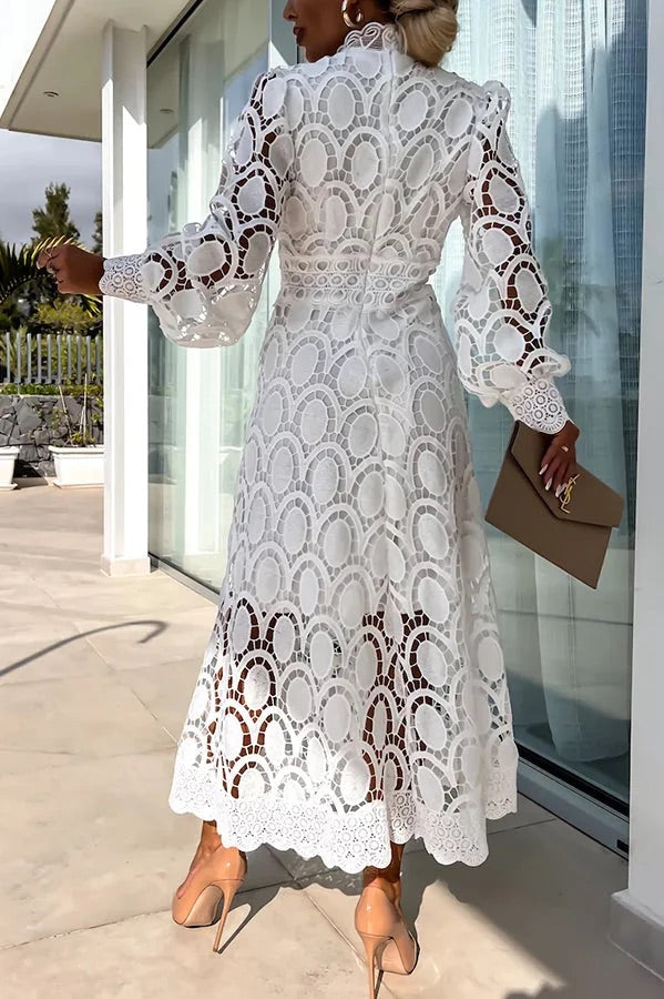 Romantic, Sensual and Crochet Lace Lantern Sleeve Party Midi Dress